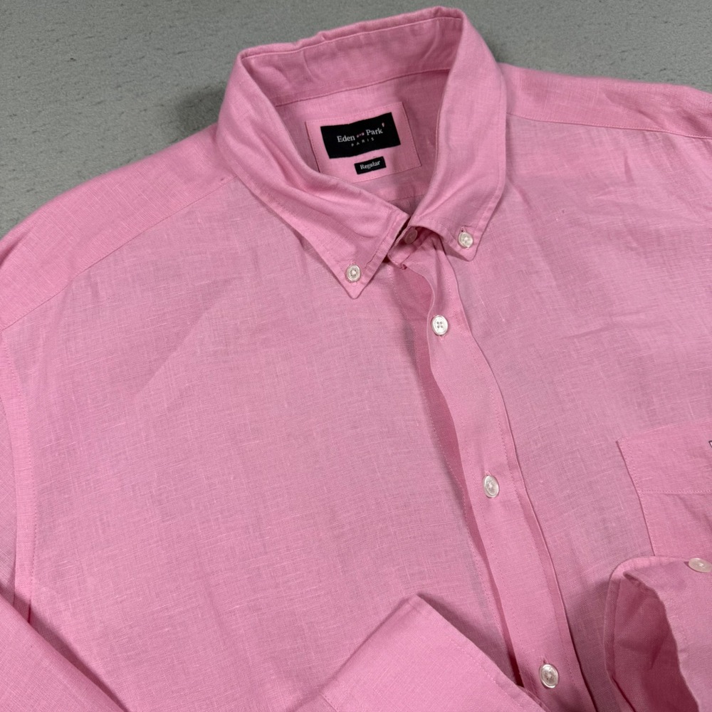 Eden Park Paris Mens Pink Long Sleeve Button Down Regular Fit Linen Shirt 2XL